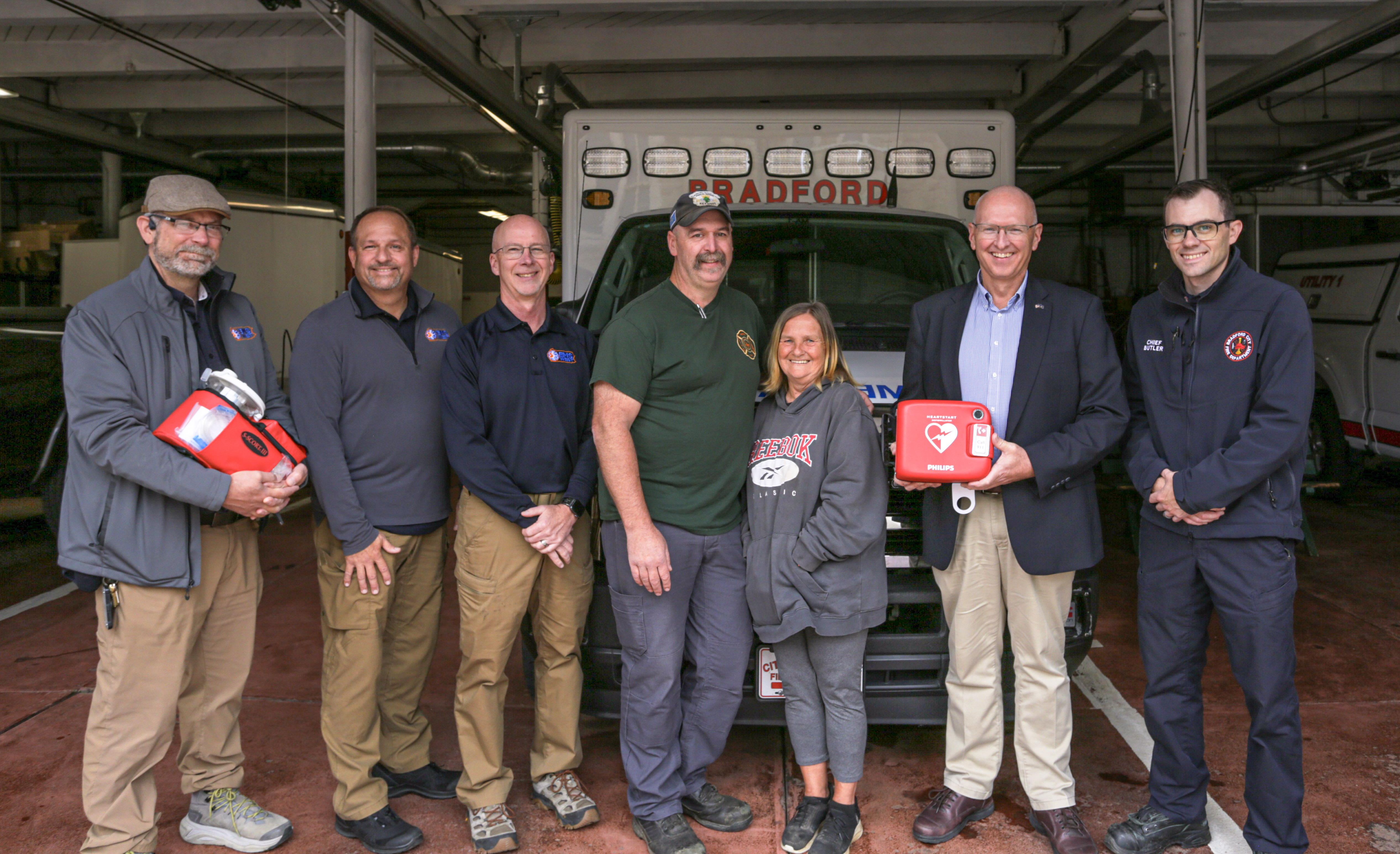 Rep. Martin Causer (R-Cameron/McKean/Potter) and EMS West officials held AED distribution events Tuesday in McKean and Potter counties. Pictured at the Bradford City Fire Department station, from left: Jeff Reeser, EMS West, EMS education; Rich Kaufman, EMS West deputy executive director; Brian Shaw, EMS West executive director; Mike McConnell, fire chief, Rew Volunteer Fire Department; Sally Scrivo, EMS captain, Derrick City Volunteer Fire Department; Causer; and Brett Butler, fire chief, City of Bradford Fire Department. 